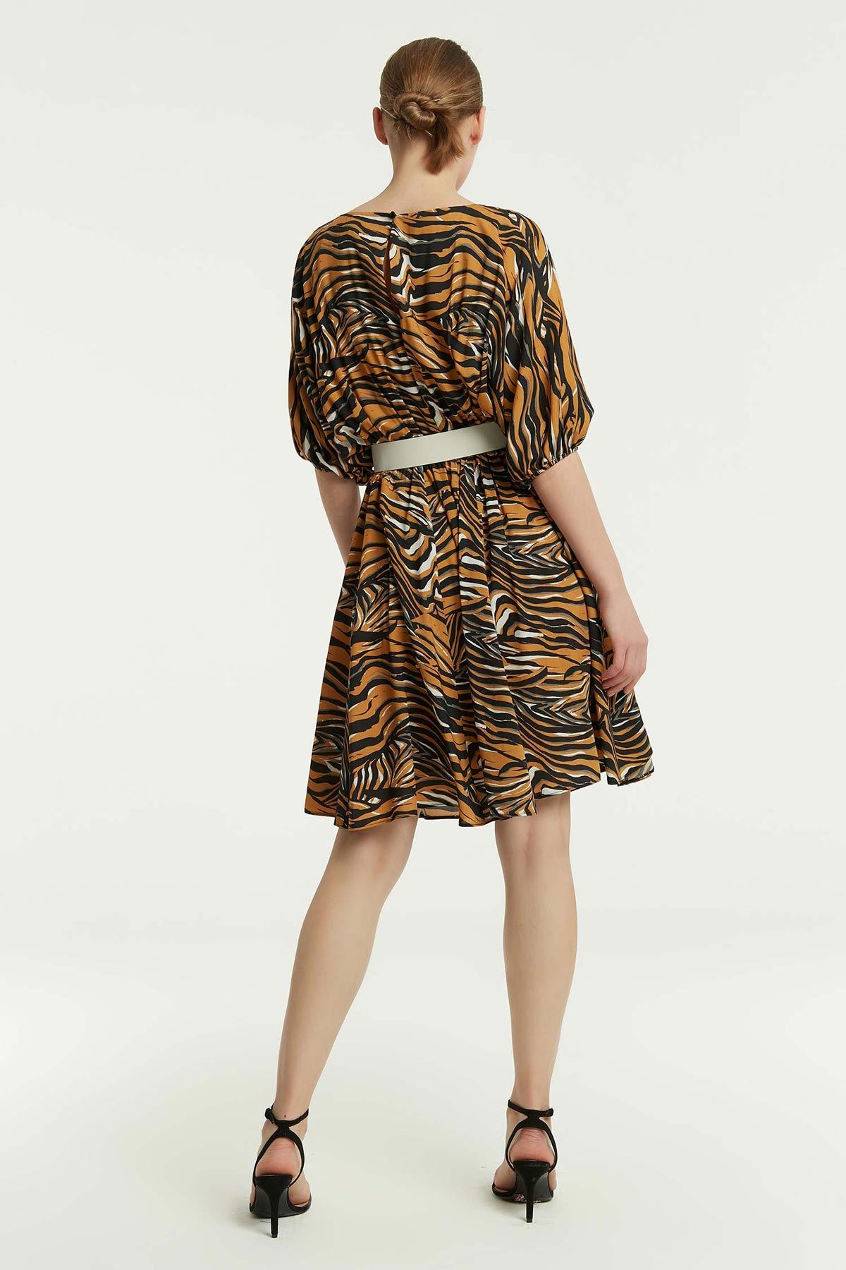 Zebra Desenli Kemerli Elbise Multi