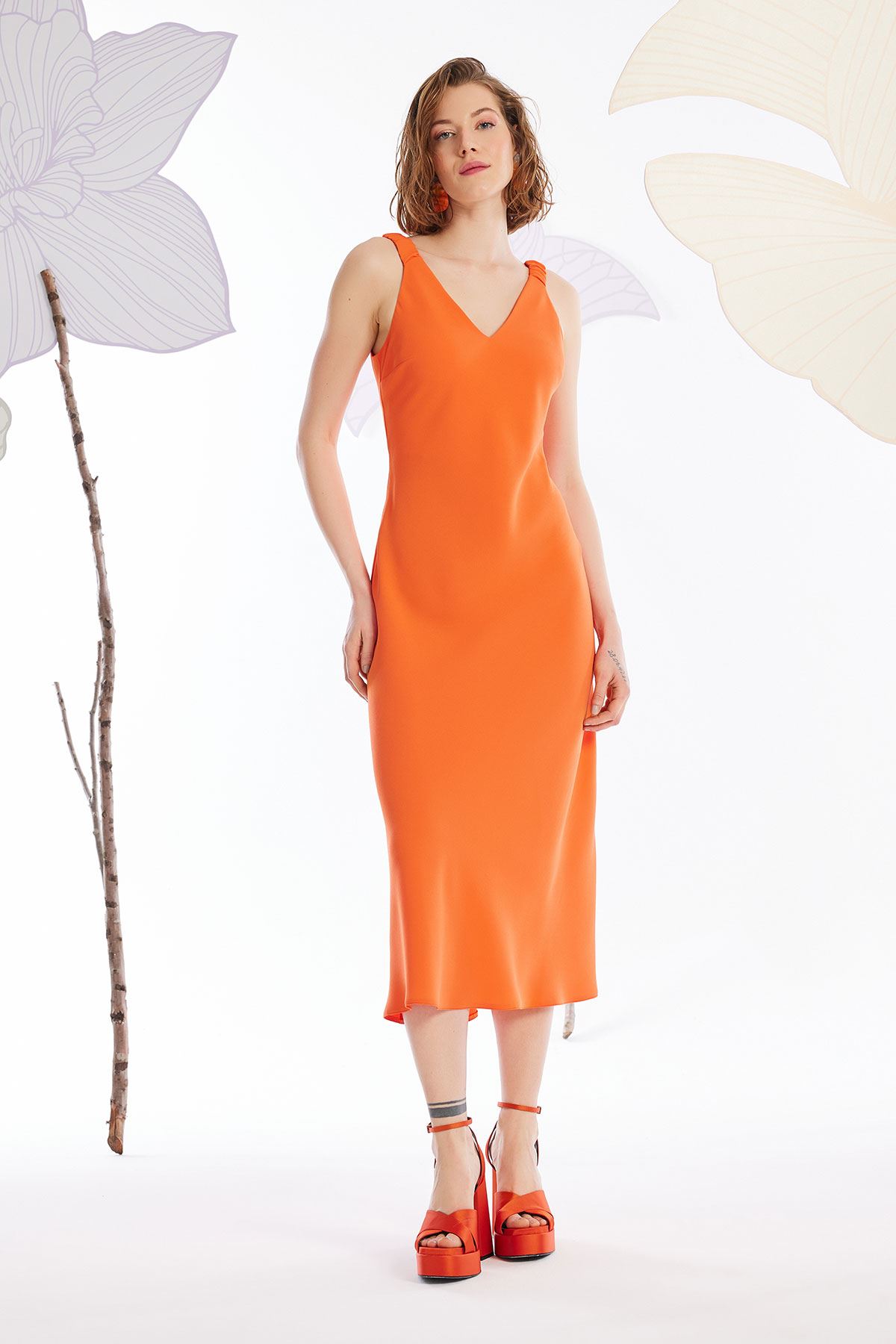 Elastik Askılı Krep Elbise Oranj