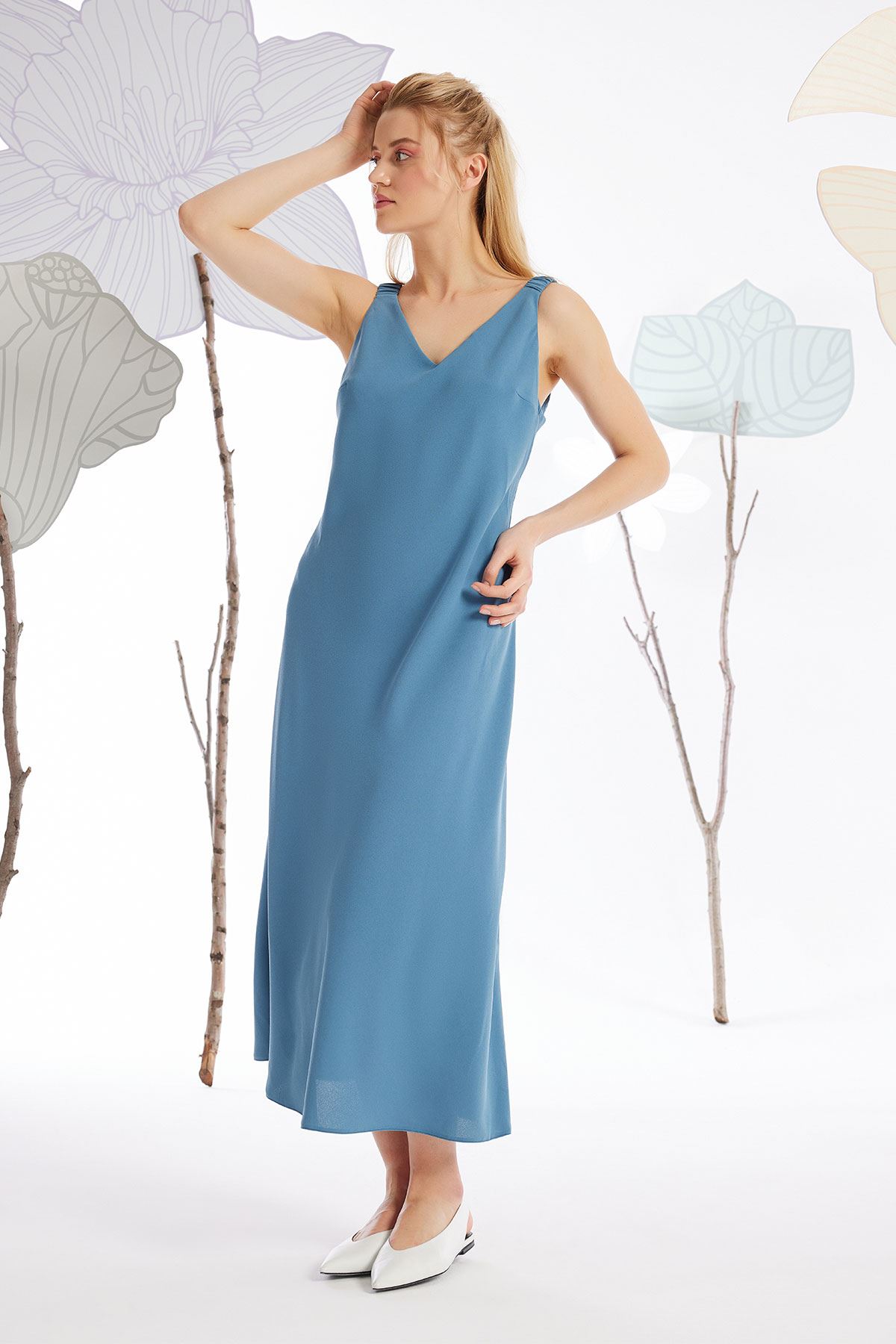 Elastik Askılı Krep Elbise Marin