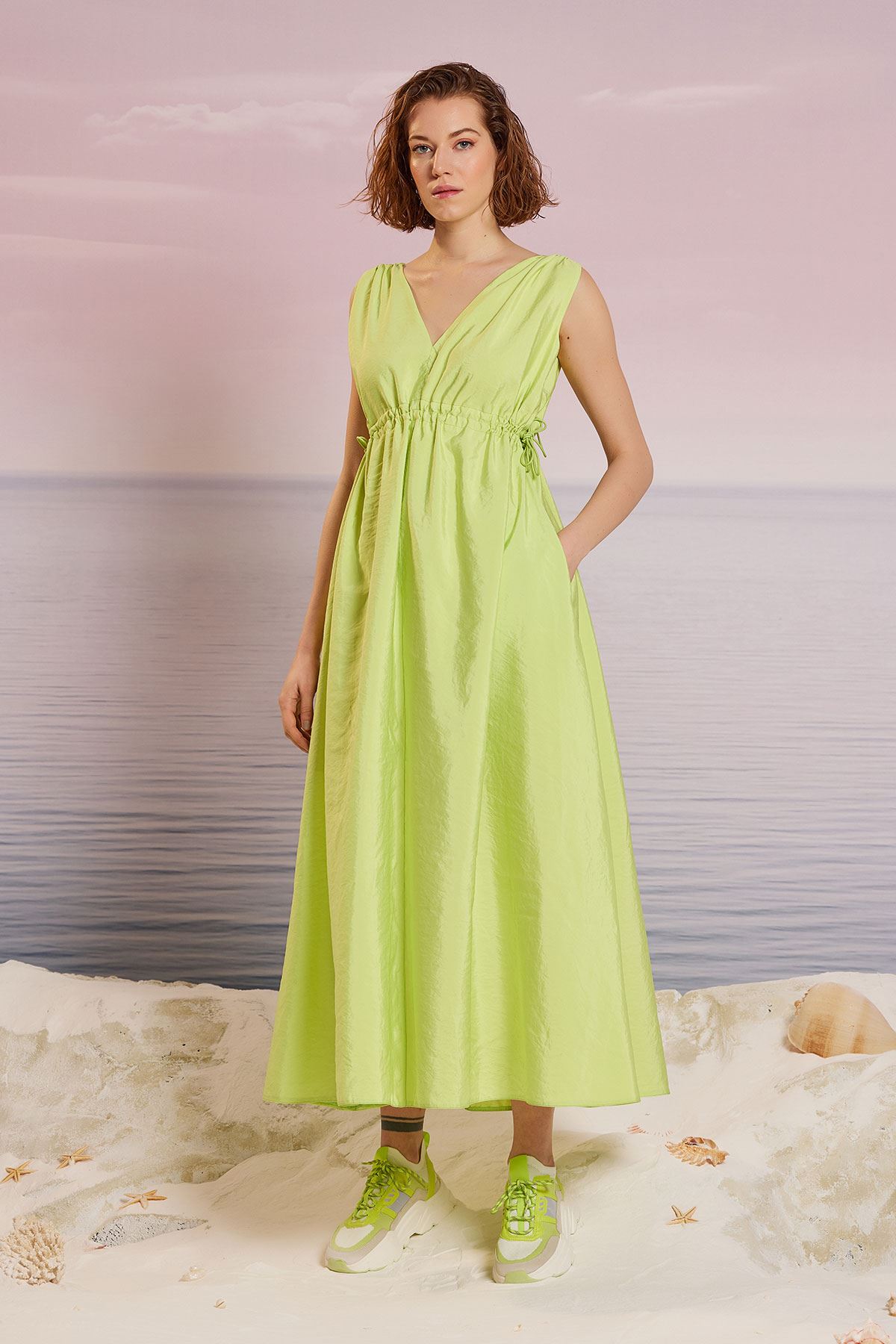 Büzgülü Maxi Elbise Fıstık Yeşili