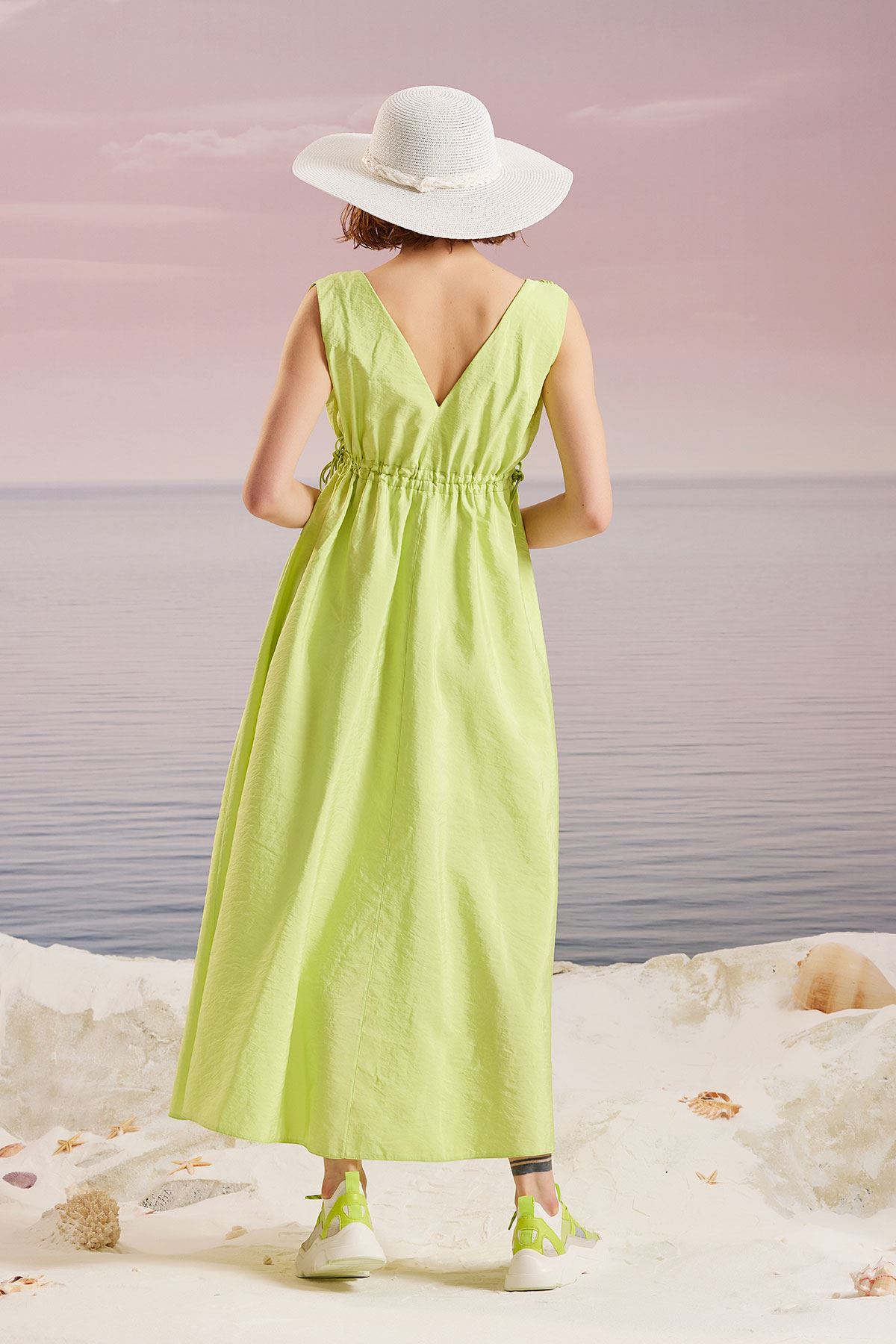 Büzgülü Maxi Elbise Fıstık Yeşili