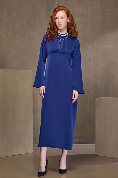 Saten Maxi Elbise Lacivert