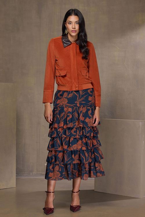 Deri Yakalı Kadife Mont Kiremit