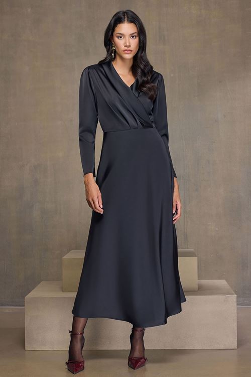 Şal Yaka Saten Elbise Siyah