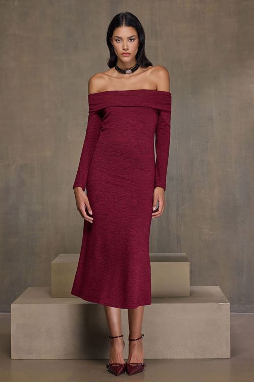 Slim Fit Straplez Örme Elbise Bordo