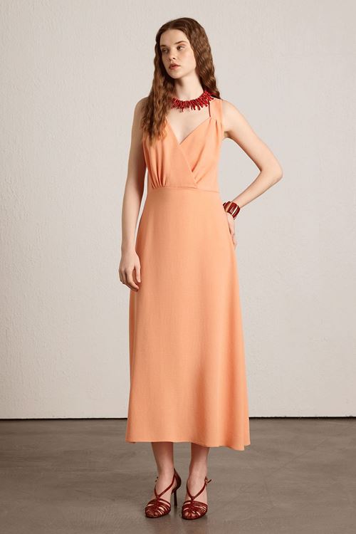 Kalın Askılı Büzgülü Elbise Oranj