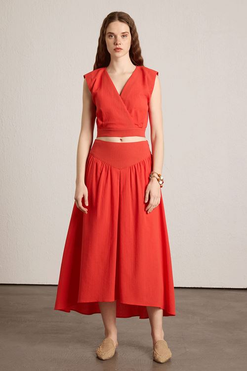 Korsajlı Büzgülü Etek Mercan