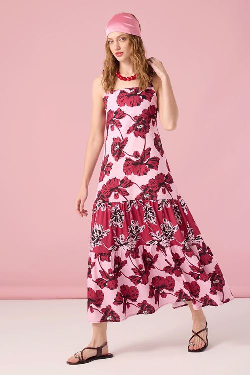 Çiçek Desenli Büzgülü Elbise Bordo