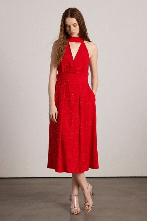 Keten Taşlı Pileli Elbise Kırmızı