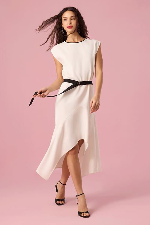 Kuşaklı Asimetrik Elbise Ekru