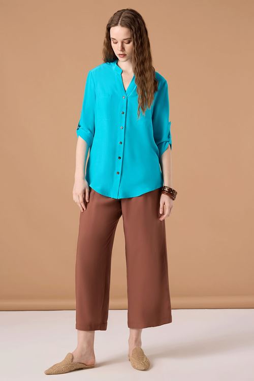 Arka Şerit Detaylı Gömlek Turkuaz