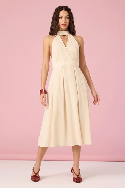 Keten Taşlı Pileli Elbise Bej