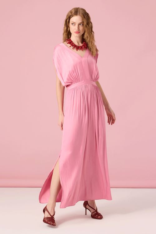 V Yaka Kraşlı Saten Elbise Pembe