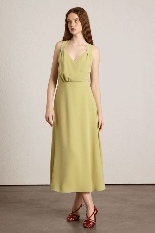 Kalın Askılı Büzgülü Elbise Yeşil