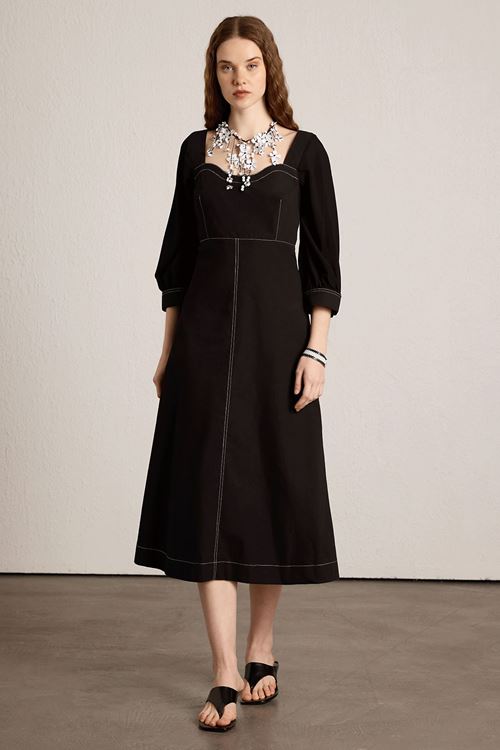 Kontrast Dikişli Maxi Elbise Siyah