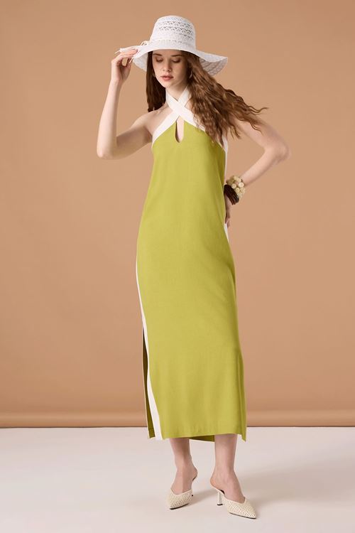 Boyundan Geçmeli Maxi Elbise Yeşil