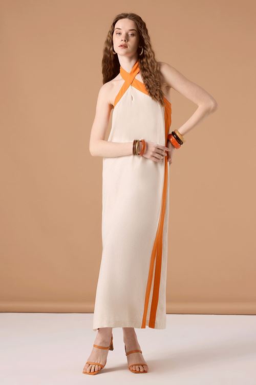 Boyundan Geçmeli Maxi Elbise Bej