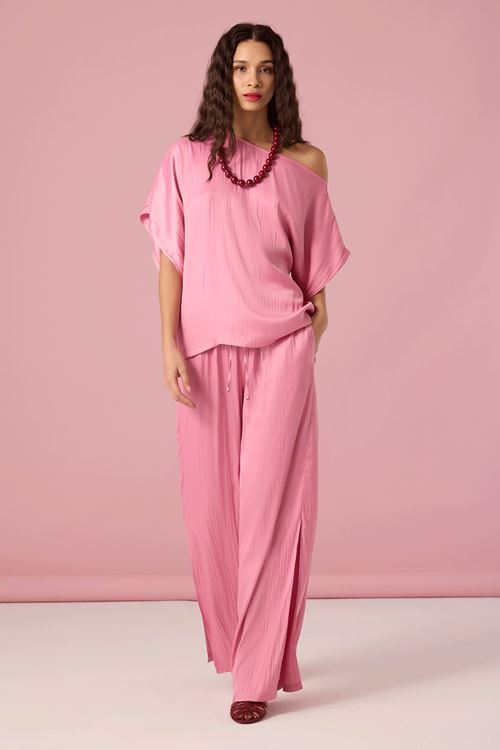 Düşük Kol Saten Bluz Pembe