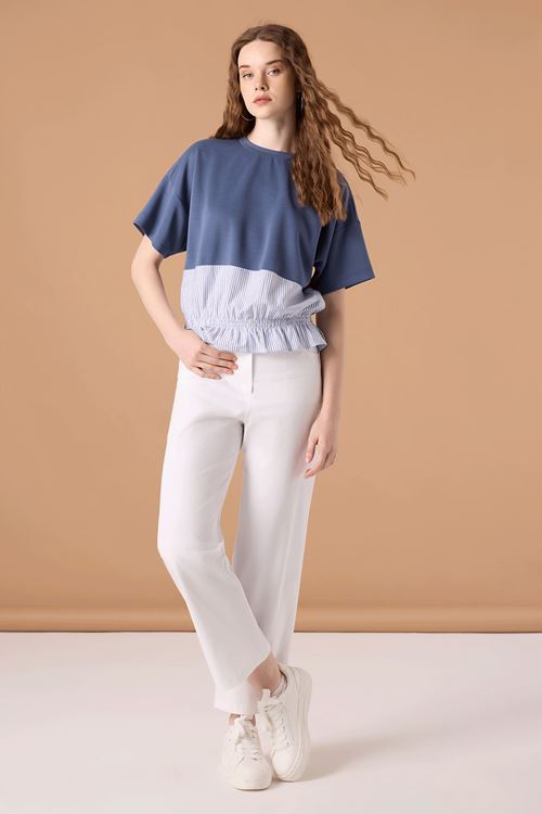 Düşük Kol Gipeli Bluz İndigo