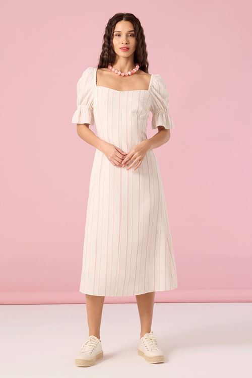 Çizgili Keten Elbise Pembe