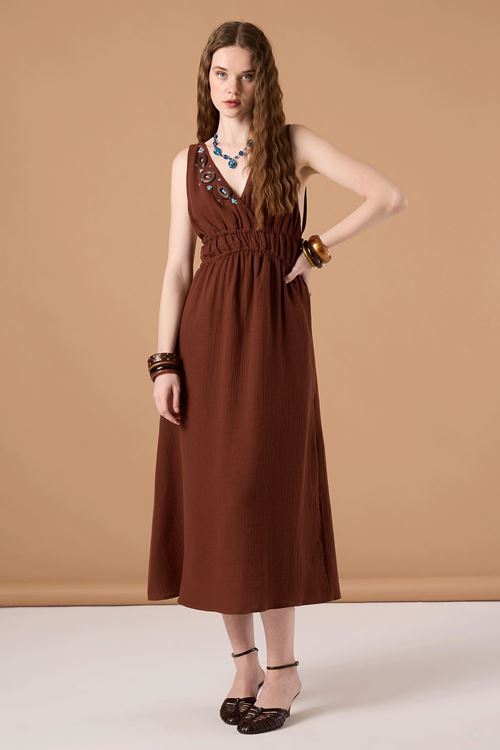 Bel Elastik Muslim Elbise Kahverengi