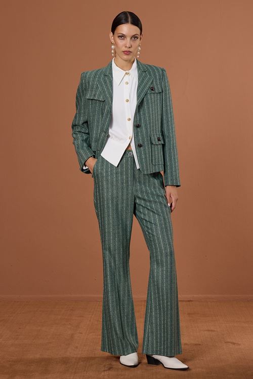 Cep Kapaklı Çizgili Ceket Yeşil