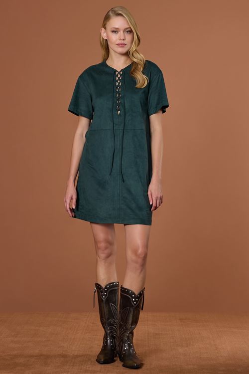 Çapraz Bağlamalı Süet Elbise Nefti Yeşili