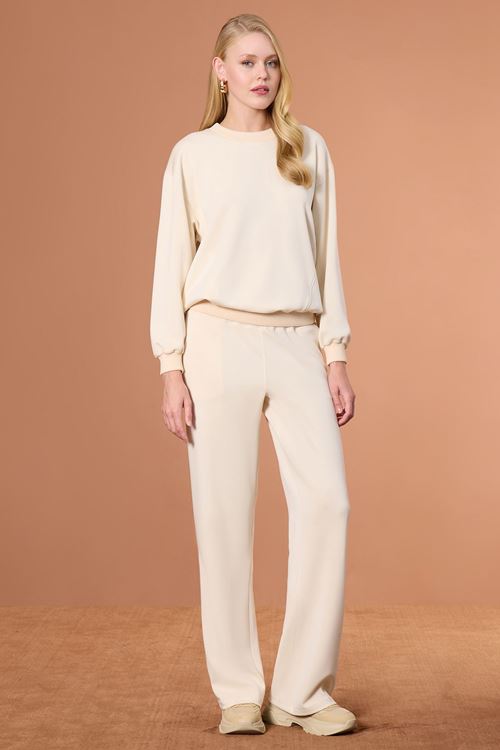 Yan Cepli Örme Pantolon Ekru