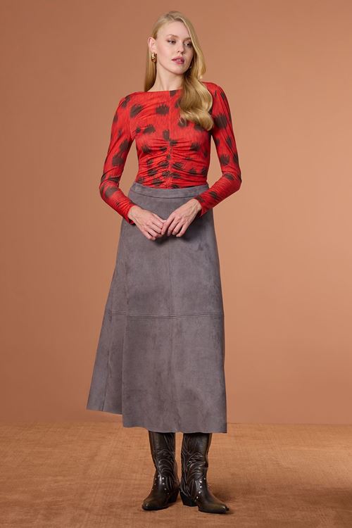 Parçalı Süet Etek Gri