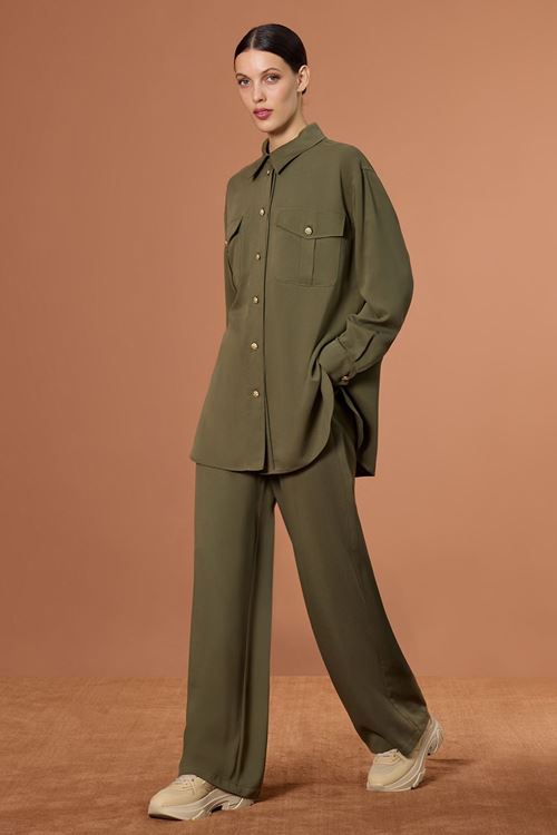 Çift Cepli Dökümlü Gömlek Haki