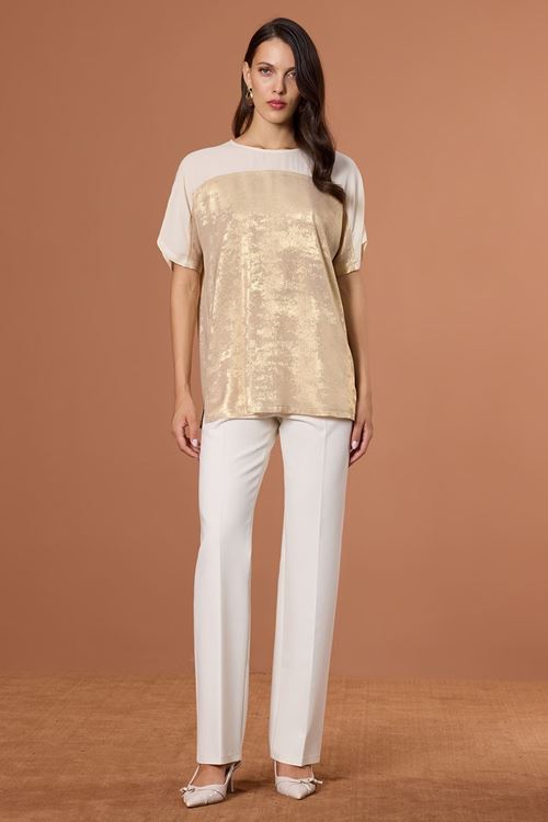 Düşük Kol Varaklı Bluz Altın