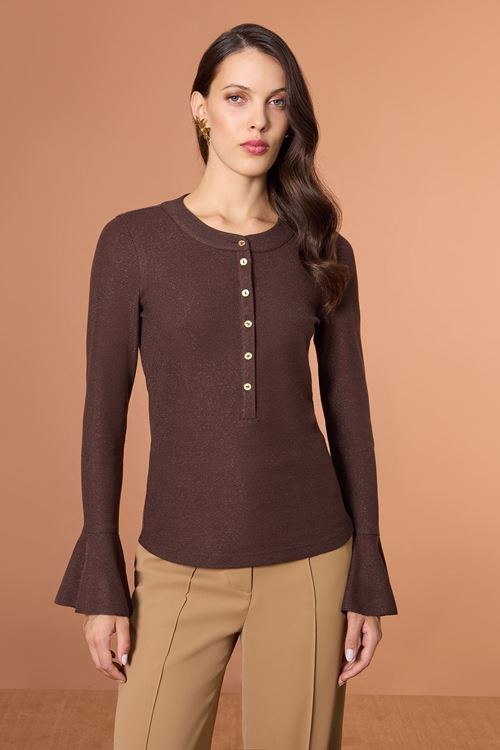 Kol Ucu Volanlı Örme Bluz Kahverengi