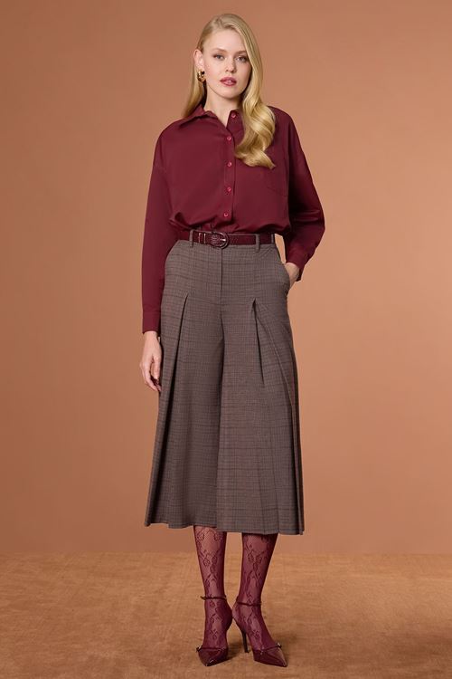 Pileli Ekose Pantolon Kahverengi