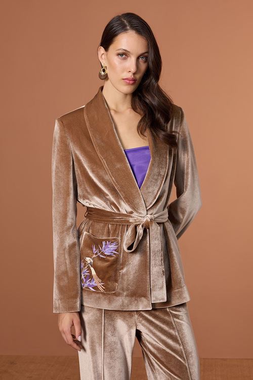 Nakışlı Kadife Ceket Vizon