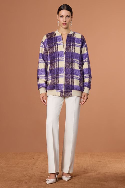 Arka Nakışlı Ekose Mont Mor