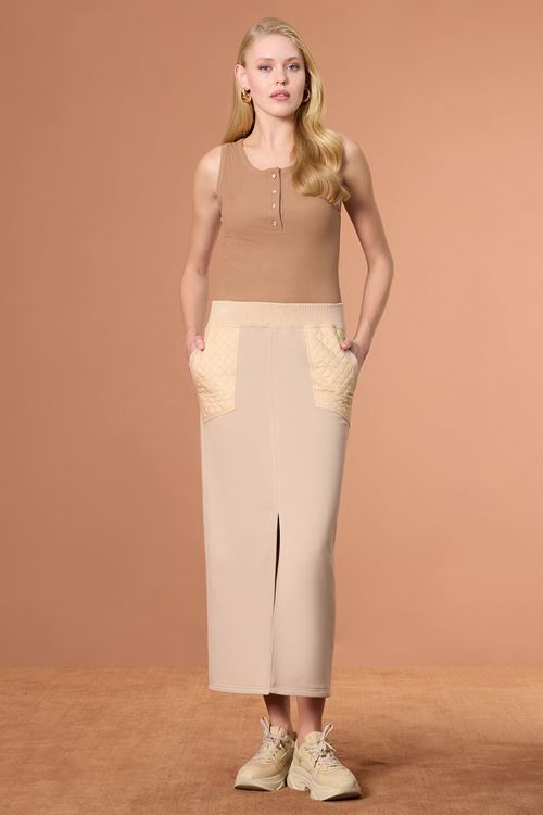 Kapitone Mixli Örme Etek Bej