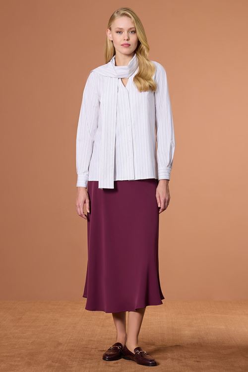 Çizgili Şal Yakalı Gömlek Ekru