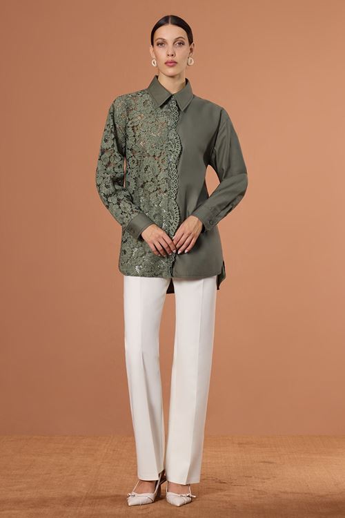 Dantel Mixli Gömlek Haki