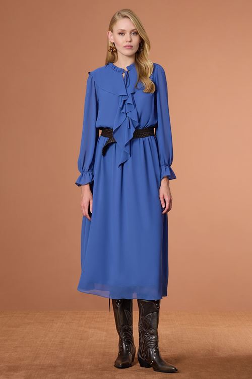 Fırfırlı Krep Şifon Elbise Mavi