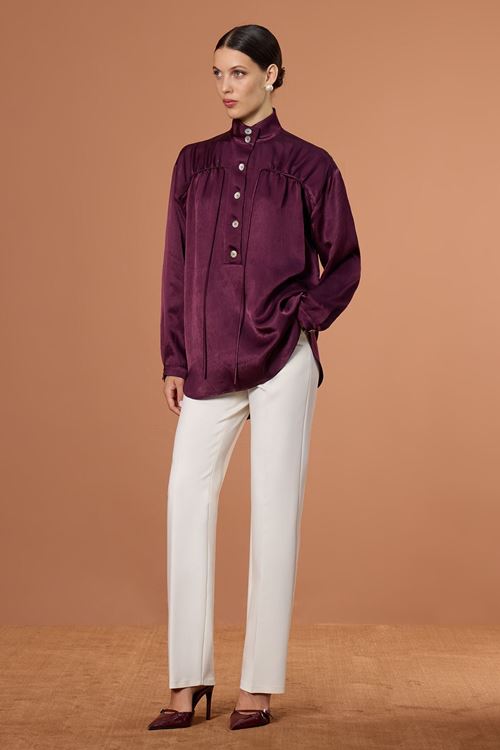 Dik Yakalı Saten Bluz Bordo