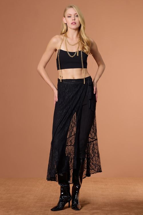 Anvelop Bağlamalı Dantel Etek Siyah