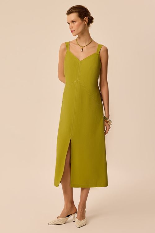 Kontrast Dikişli Elbise Yeşil