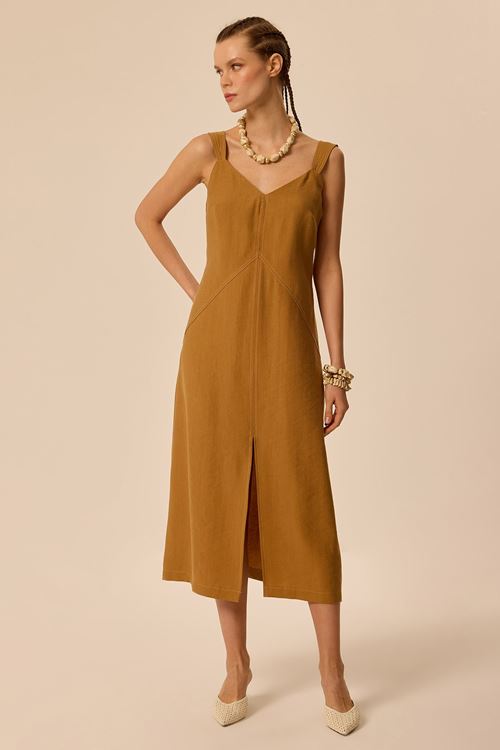 Kontrast Dikişli Elbise Taba