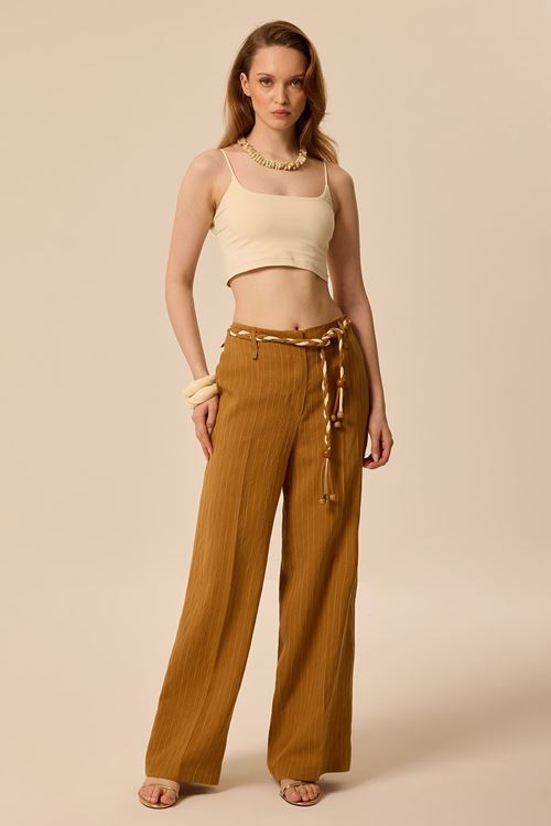 Çizgili Örgü Kemerli Pantolon Taba