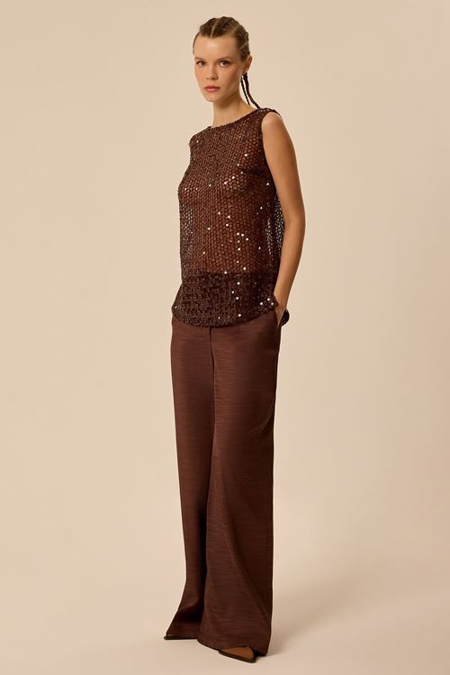 Fileli Payet Bluz Kahverengi