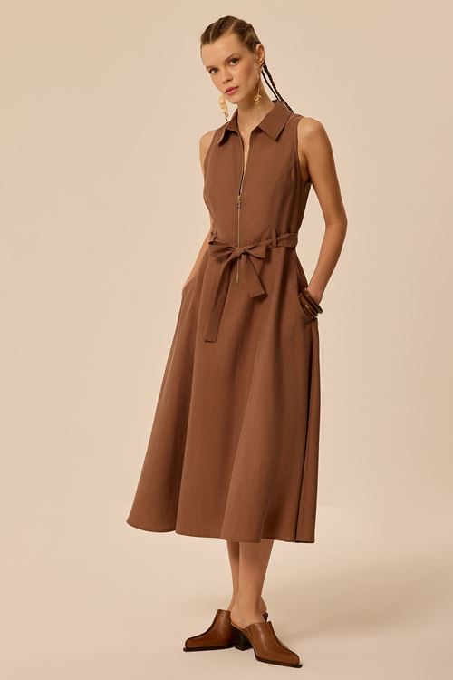 Metal Fermuarlı Elbise Kahverengi