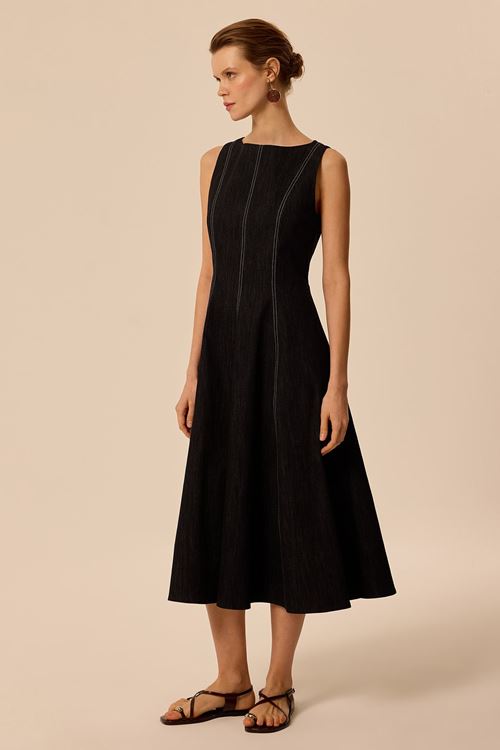 Kontrast Dikişli Denim Elbise Siyah