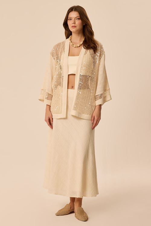 Payetli File Mixli Kimono Krem