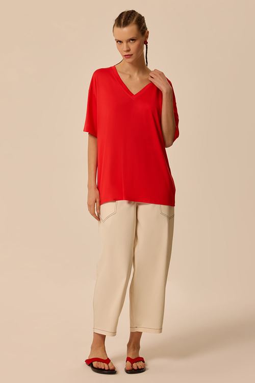 V Yaka Örme T-Shirt Mercan