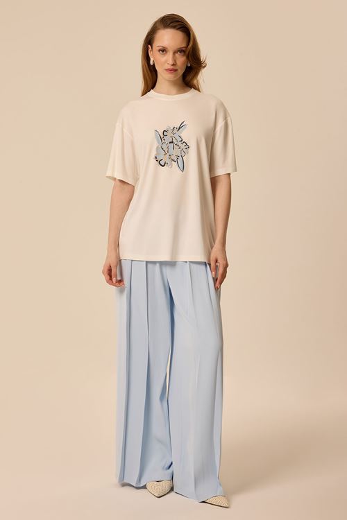 Çiçek Baskılı T-Shirt Ekru